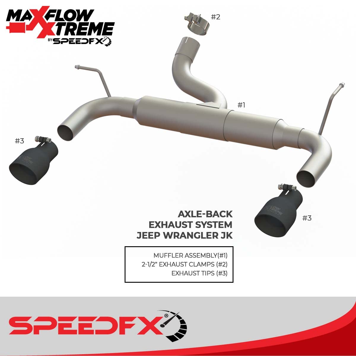 SpeedFX Exhaust Kit System 50600, With MaxFlow Xtreme Muffler, Single Exhaust With Dual Exit Rear, 4 Inch Diameter Black Powder Coated 304 Stainless Steel Tips, Fits 2012-2018 Jeep Wrangler JK