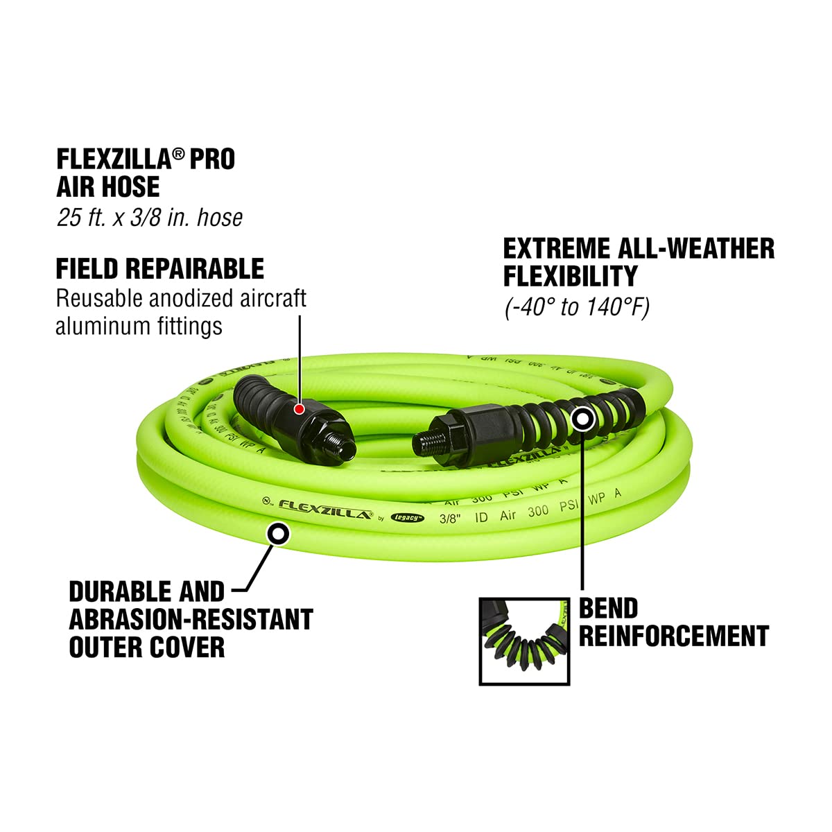 3/8 in. Flexzilla Pro Air Hose, 25 ft., Heavy Duty, Lightweight, Hybrid, ZillaGreen - HFZP3825YW2