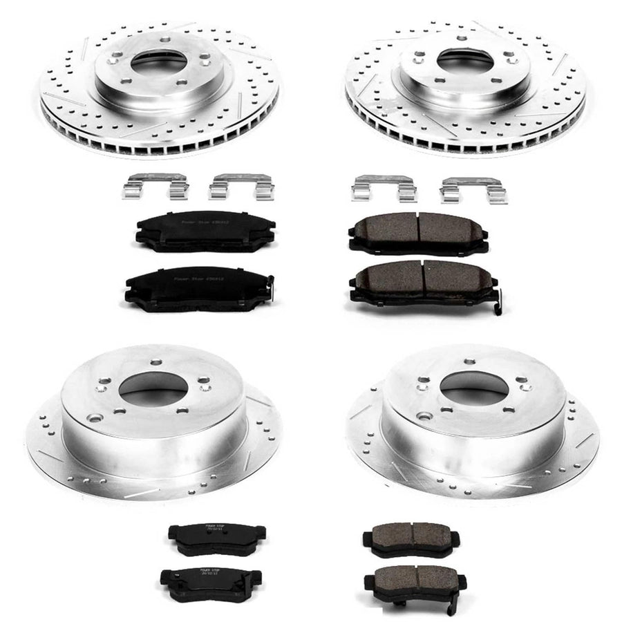Power Stop K4446 Z23 Carbon Fiber Brake Pads Front and Rear with Drilled & Slotted Brake Rotors Kit For Hyundai Santa Fe 2001-2006 [Model Specific]
