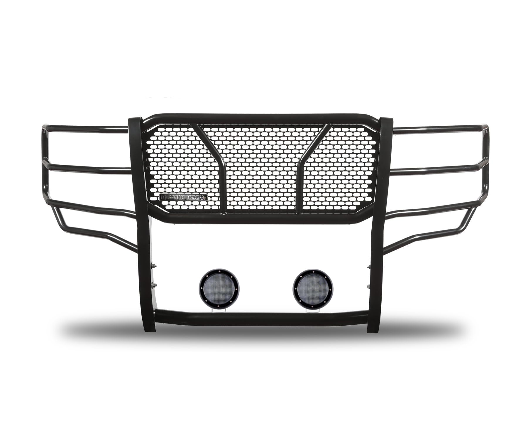 Heavy Duty Black Horse Rugged Grille Brush Bumper Guard Modular Black Come with Pair of 5.3" Dia.LED Lights with Black Trim Rings Compatible with 2021-2024 Ford F-150-RU-FOF116-B-PLFB