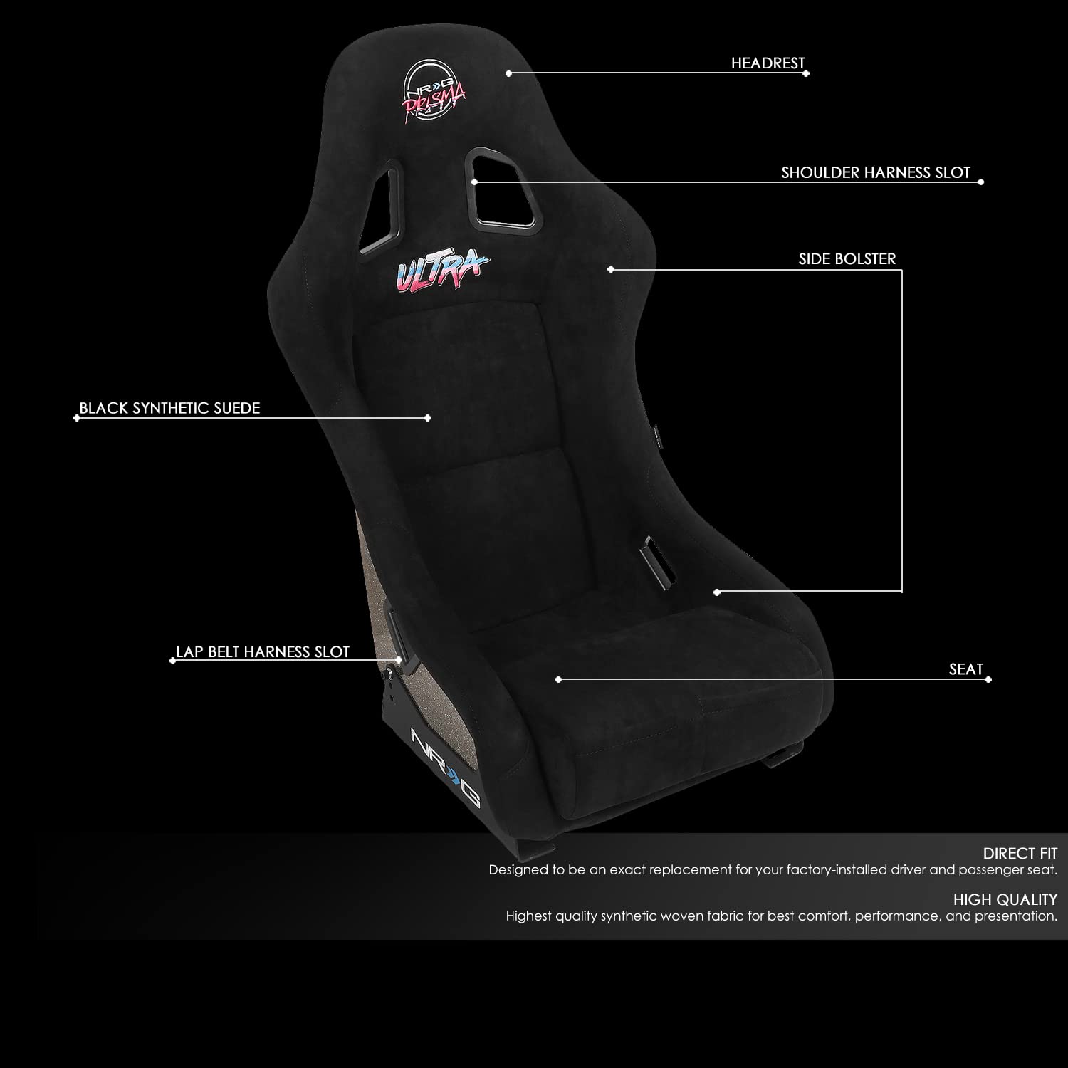 NRG Innovations Universal Fixed Back NRG-FRP-303BK-ULTRA Bucket Racing Seat with Side Mount Adapters for 6-Point Harnesses, Size M, Black Seat Cover, 22" W X 34" H X 21" D