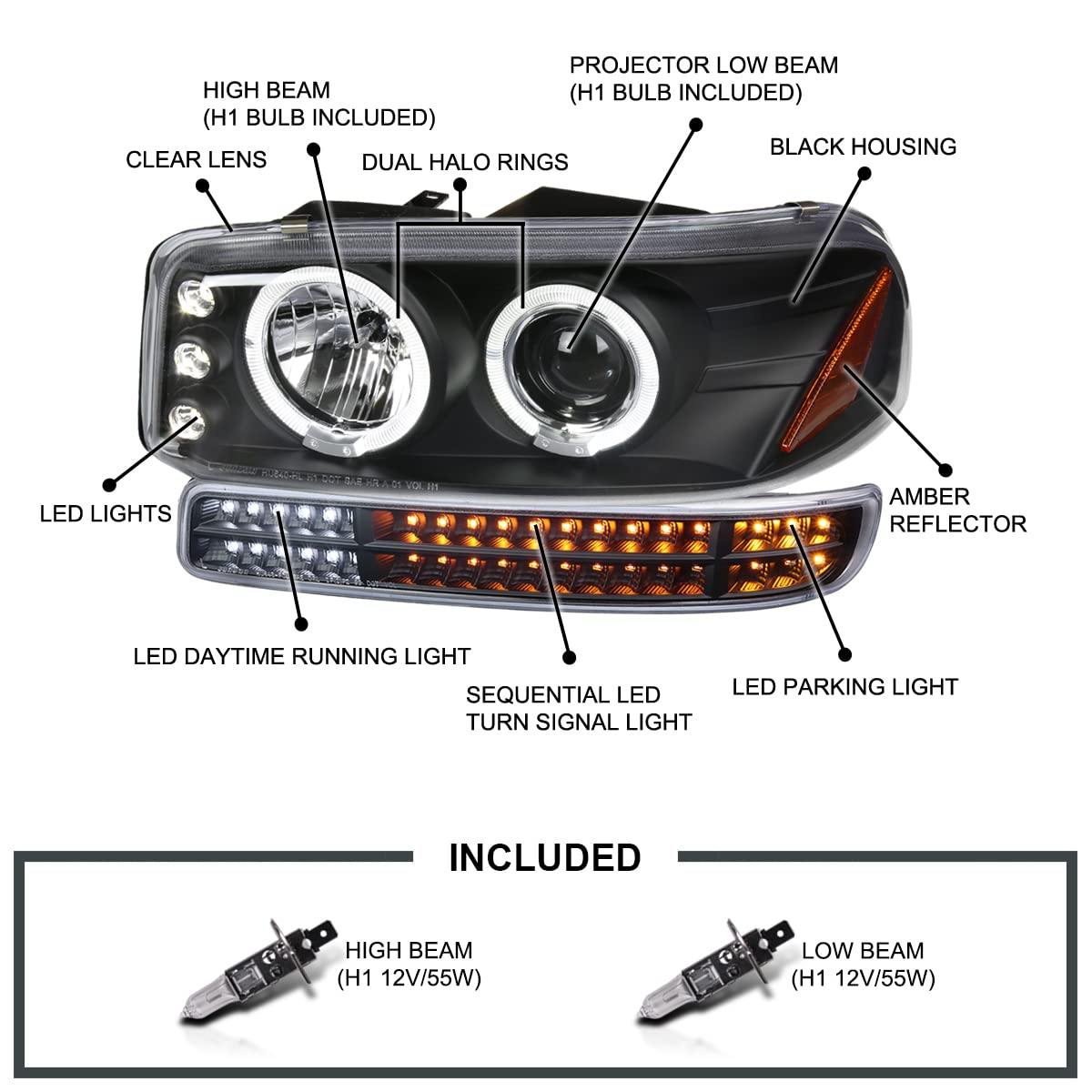 Black LED Halo Projector Headlights + Sequential LED Bumper Lights SPEC-D TUNING Compatible with 1999-2006 GMC Sierra 1500/2500/3500, Left + Right Pair Headlamps Assembly