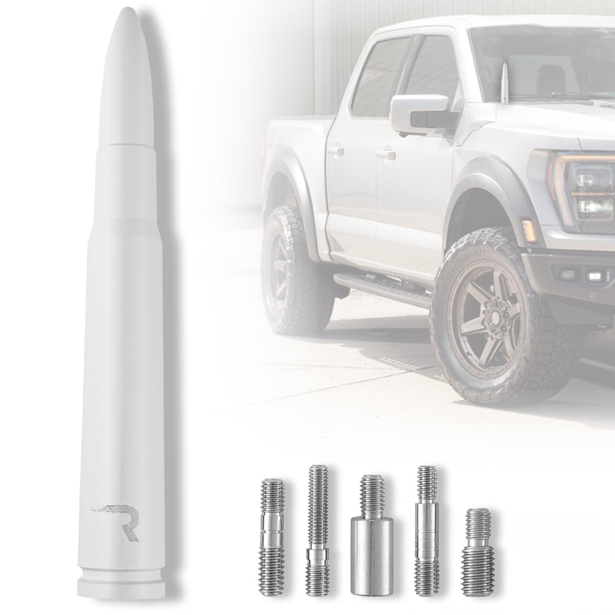 Truck/SUV RECON - .50 Cal Bullet Style Aluminum Antenna 5" - White (Fits OEM Factory Threaded Antennas)