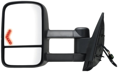 K Source Extendable Driver Side Towing Mirror For 2007 - 2014 Avalanche, Silverado/Sierra Pick-Up/Hybrid Full Size, Suburban, Tahoe, Yukon. Textured Black, Heated Power, LED Arrow Signal, Dual Lens, Foldaway