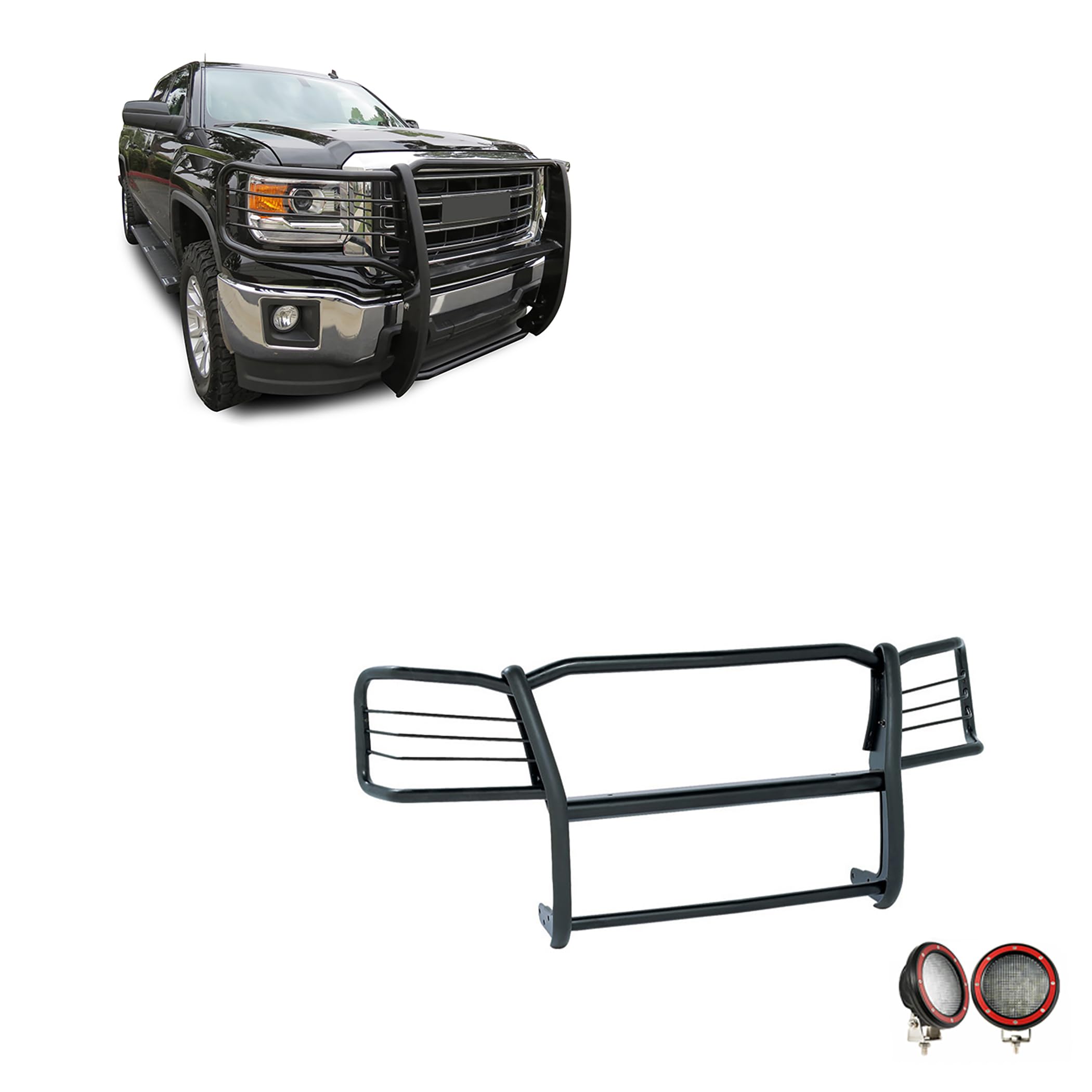 Bumper Guard Black Horse Grille Brush Modular Black Come with Pair of 5.3" Dia.LED Lights with Red Trim Rings Compatible with 2019-2022 GMC Sierra 1500 Limited|2014-2018 GMC Sierra 1500-17GS12MA-PLFR