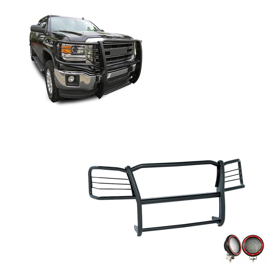 Bumper Guard Black Horse Grille Brush Modular Black Come with Pair of 5.3" Dia.LED Lights with Red Trim Rings Compatible with 2019-2022 GMC Sierra 1500 Limited|2014-2018 GMC Sierra 1500-17GS12MA-PLFR