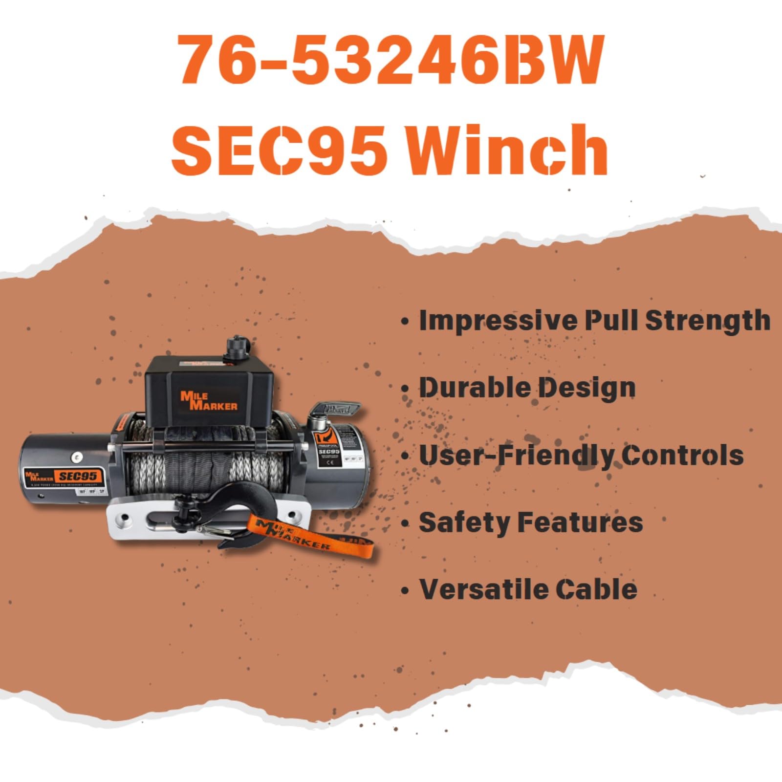 SEC95 Mile Marker 76-53246BW Winch - 9500 lb. Weight Capacity - Synthetic Rope & Hawse Fairlead - Remote with 12’ Cord - User Friendly - Integrated Kill Switch - Fully Sealed 500 Amp Solenoids