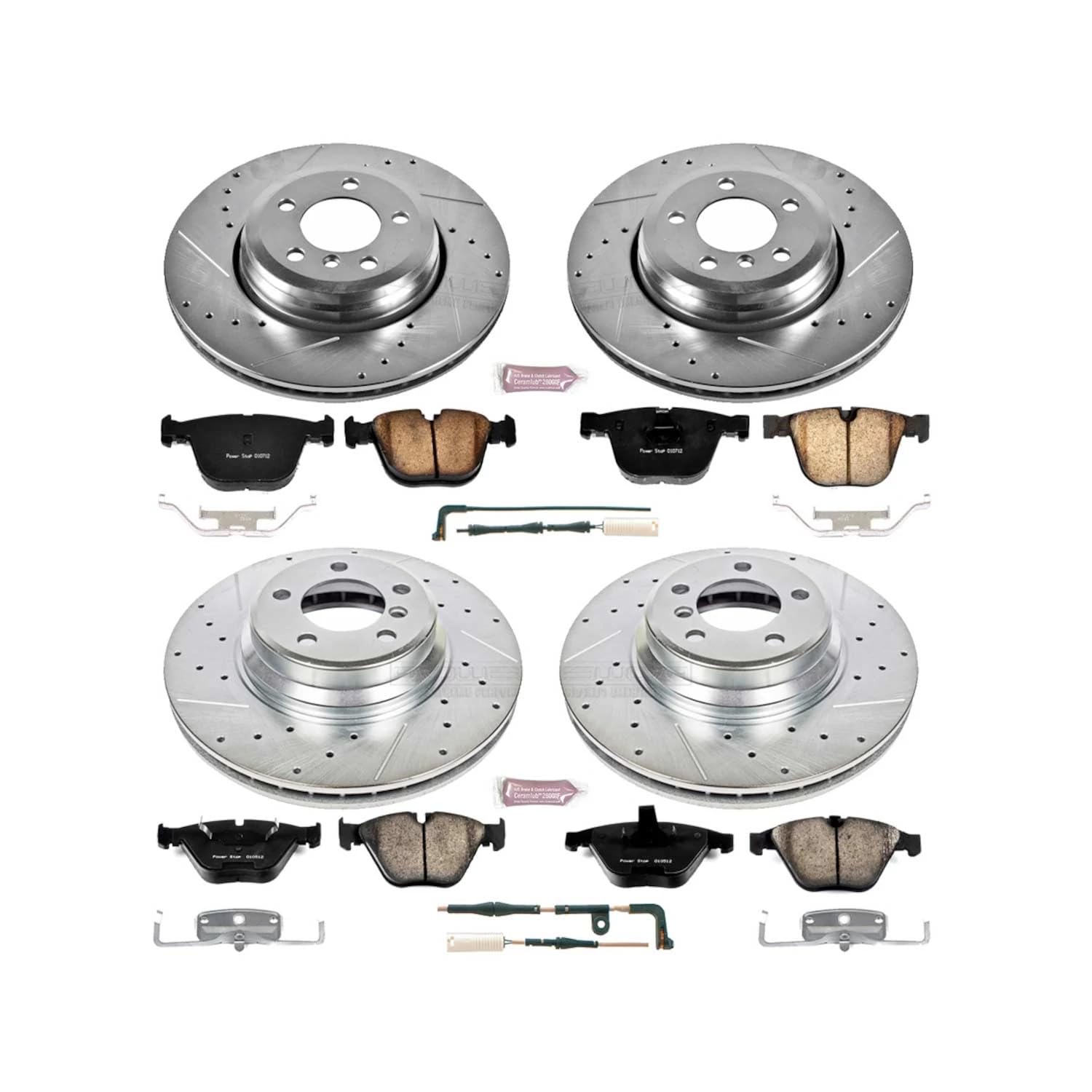 Power Stop K2056 Z23 Carbon Fiber Brake Pads Front and Rear with Drilled & Slotted Brake Rotors Kit and 1 Front & 1 Rear Sensor Wires For BMW 745Li, BMW 745i, BMW 760Li, BMW 760i [Model Specific]