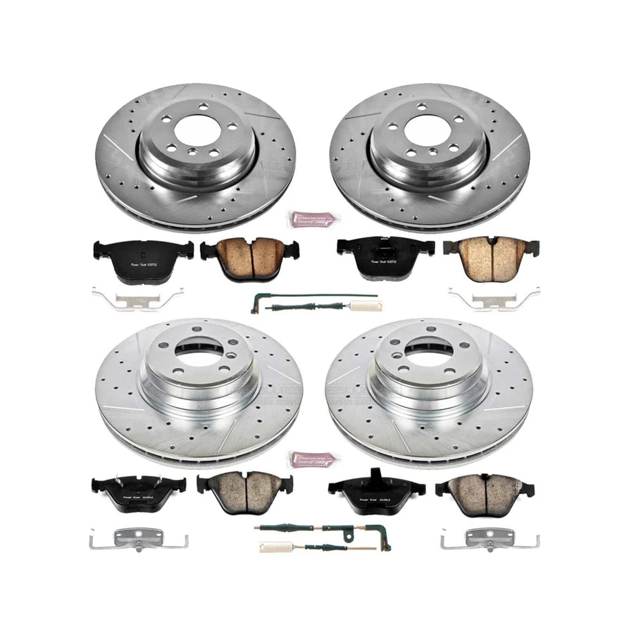Power Stop K2056 Z23 Carbon Fiber Brake Pads Front and Rear with Drilled & Slotted Brake Rotors Kit and 1 Front & 1 Rear Sensor Wires For BMW 745Li, BMW 745i, BMW 760Li, BMW 760i [Model Specific]