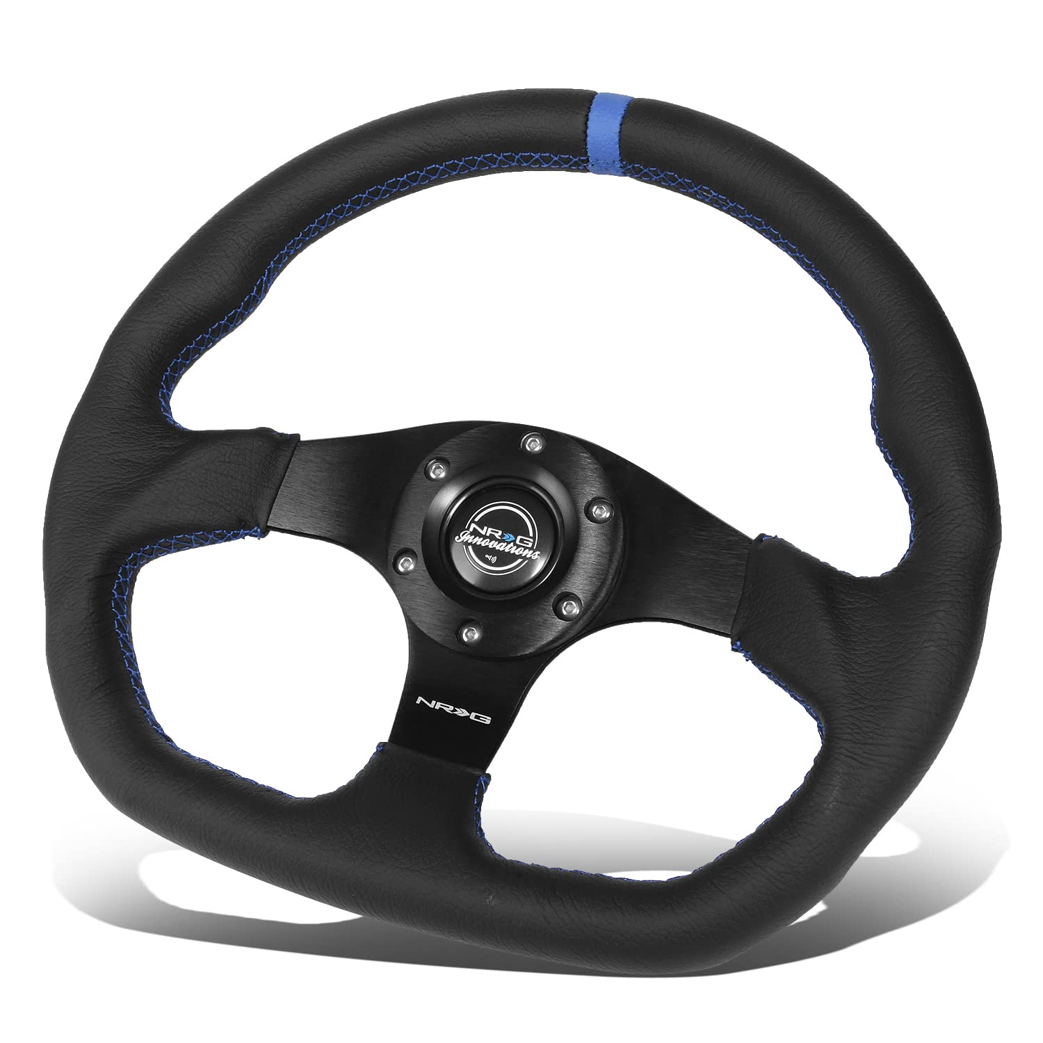 NRG Innovations Reinforced NRG-RST-024MB-R-BL Steering Wheel 320mm Sport Leather Flat Bottom with Blue Center Mark, Blue Stitching