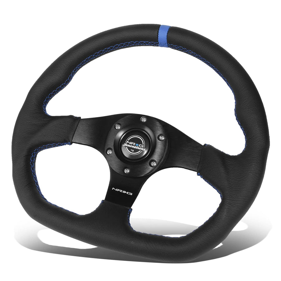 NRG Innovations Reinforced NRG-RST-024MB-R-BL Steering Wheel 320mm Sport Leather Flat Bottom with Blue Center Mark, Blue Stitching
