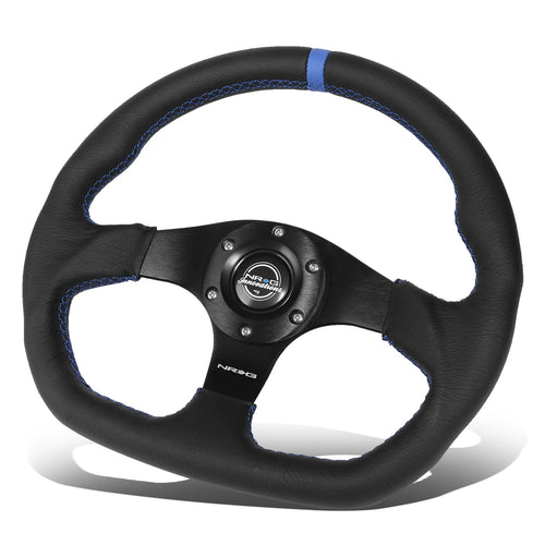 NRG Innovations Reinforced NRG-RST-024MB-R-BL Steering Wheel 320mm Sport Leather Flat Bottom with Blue Center Mark, Blue Stitching