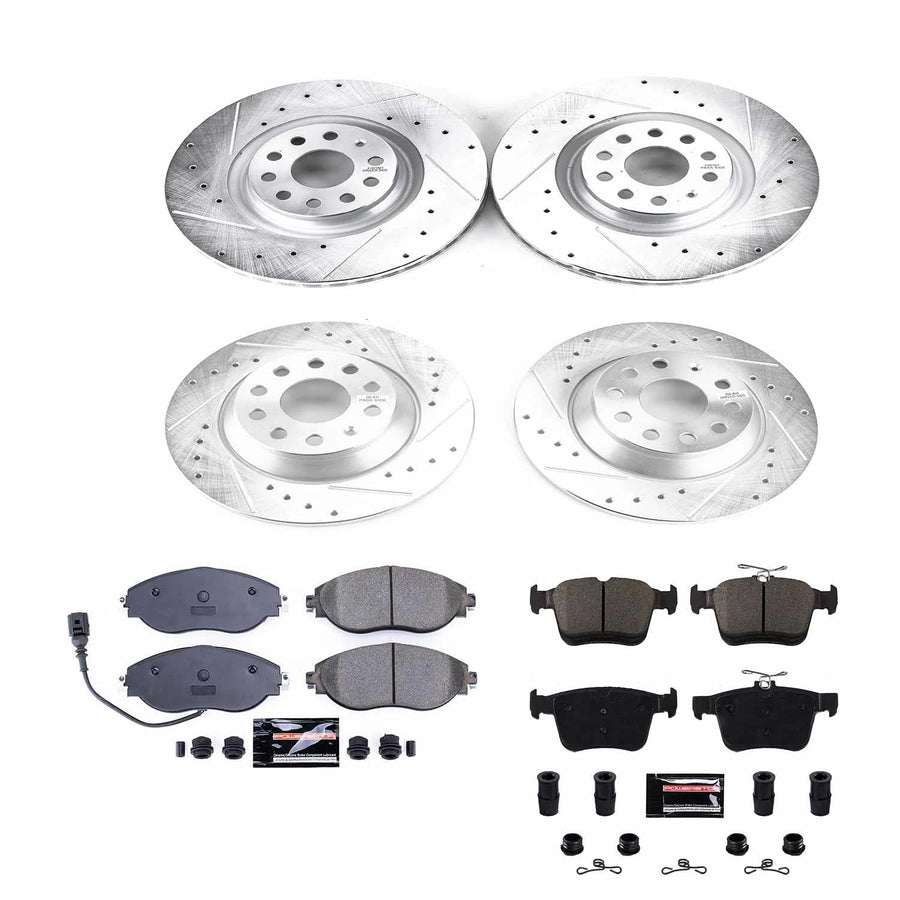 Front and Rear Brake Kit PowerStop For Audi Q3 2022-25 |Volkswagen Jetta 2019-20 |Tiguan 2018-24 - Drilled and Slotted Disc Rotors with Ceramic Brake Pads Replacement, K8168