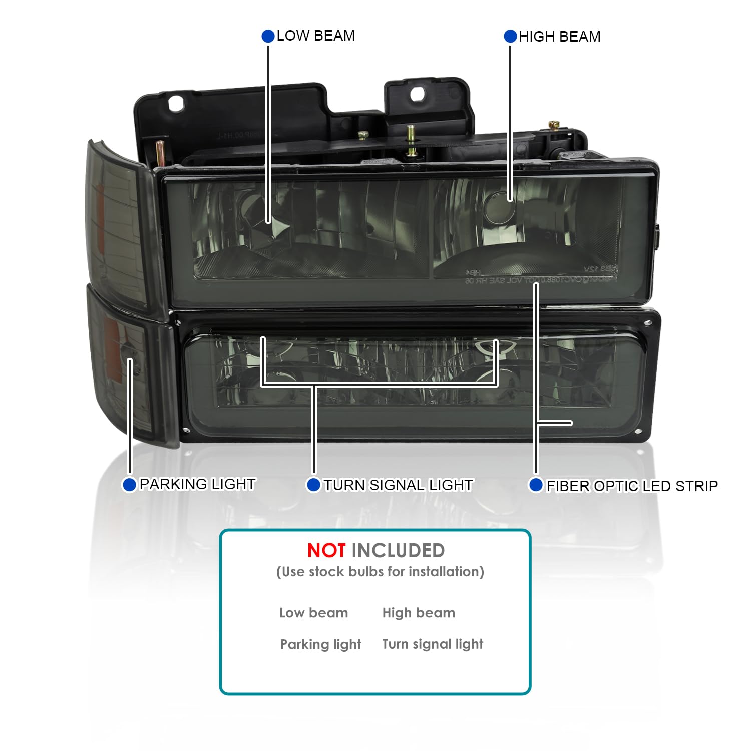Smoke LED Bar Headlights + Bumper Lights + Corner Lights SPEC-D TUNING Compatible with 1994-1998 GMC C10 C/K Suburban Sierra, Left + Right Pair Headlamps Assembly