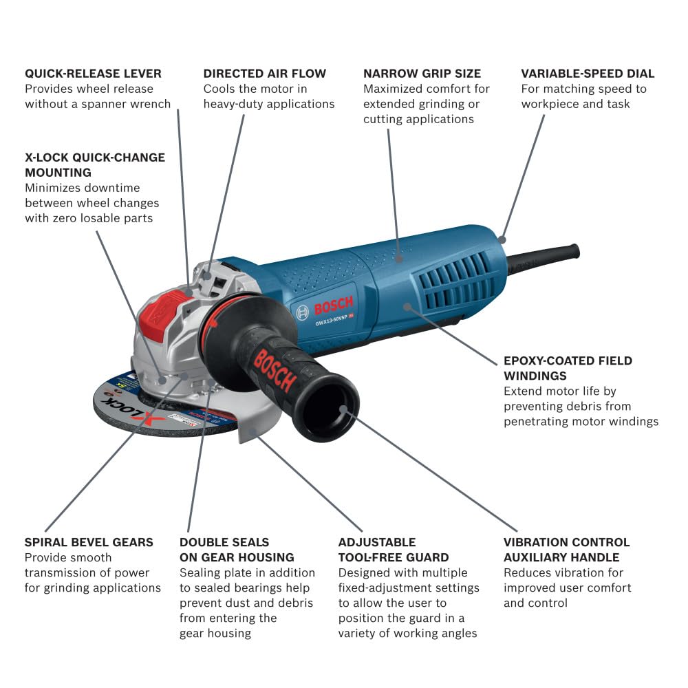 5 In. Bosch GWX13-50VSP X-LOCK Variable-Speed Angle Grinder with Lock-On Paddle Switch