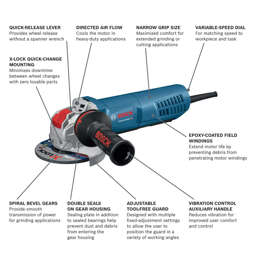 5 In. Bosch GWX13-50VSP X-LOCK Variable-Speed Angle Grinder with Lock-On Paddle Switch