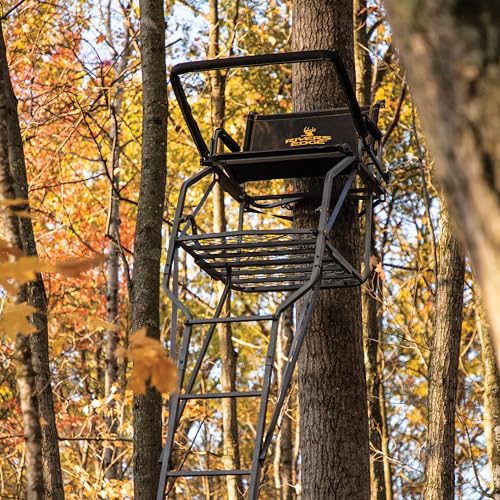 Rivers Edge Jumbo Jack 1-Man LS Ladder Stand, 19’ Height, Lockdown Strapping System, Wide Flip-Up TearTuff Mesh Seat, Jumbo Platform, Flip-Out Footrest, 2-Way Adjustable Shooting Rail, RE674