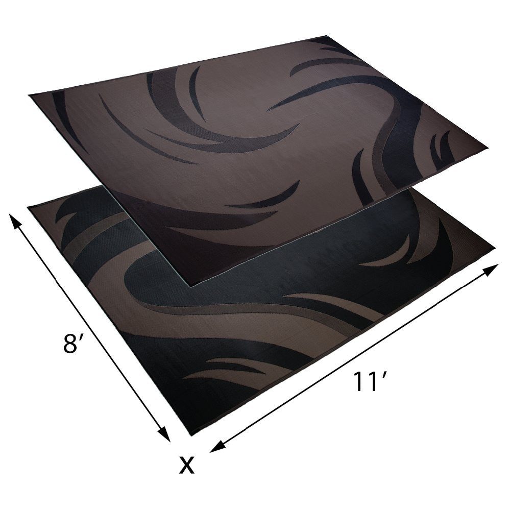 Camping Stylish SD8111 8-Feet x 11-Feet Graphic Swish Outdoor RV Reversible Patio Mat, Black/Brown