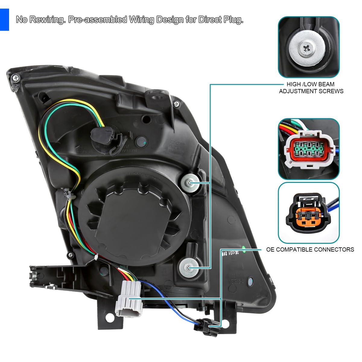 Sequential SPEC-D TUNING Black Projector Switchback Headlights w/LED Strip and Startup Animation Compatible with 2003-2005 Nissan 350Z, Left + Right Pair Headlamp Assembly