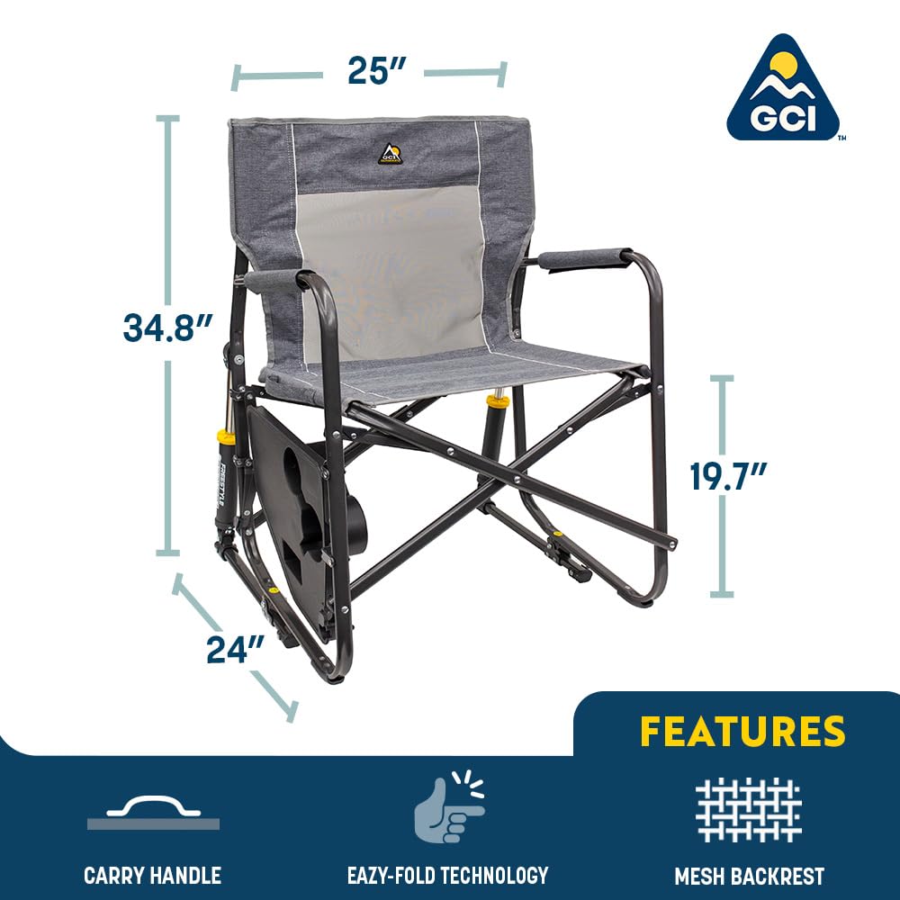 Freestyle Rocker GCI OUTDOOR with Side Table Camping Chair | Portable Folding Rocking Chair with Solid, Durable Armrests, Drink Holder & Comfortable Backrest — Heathered Indigo