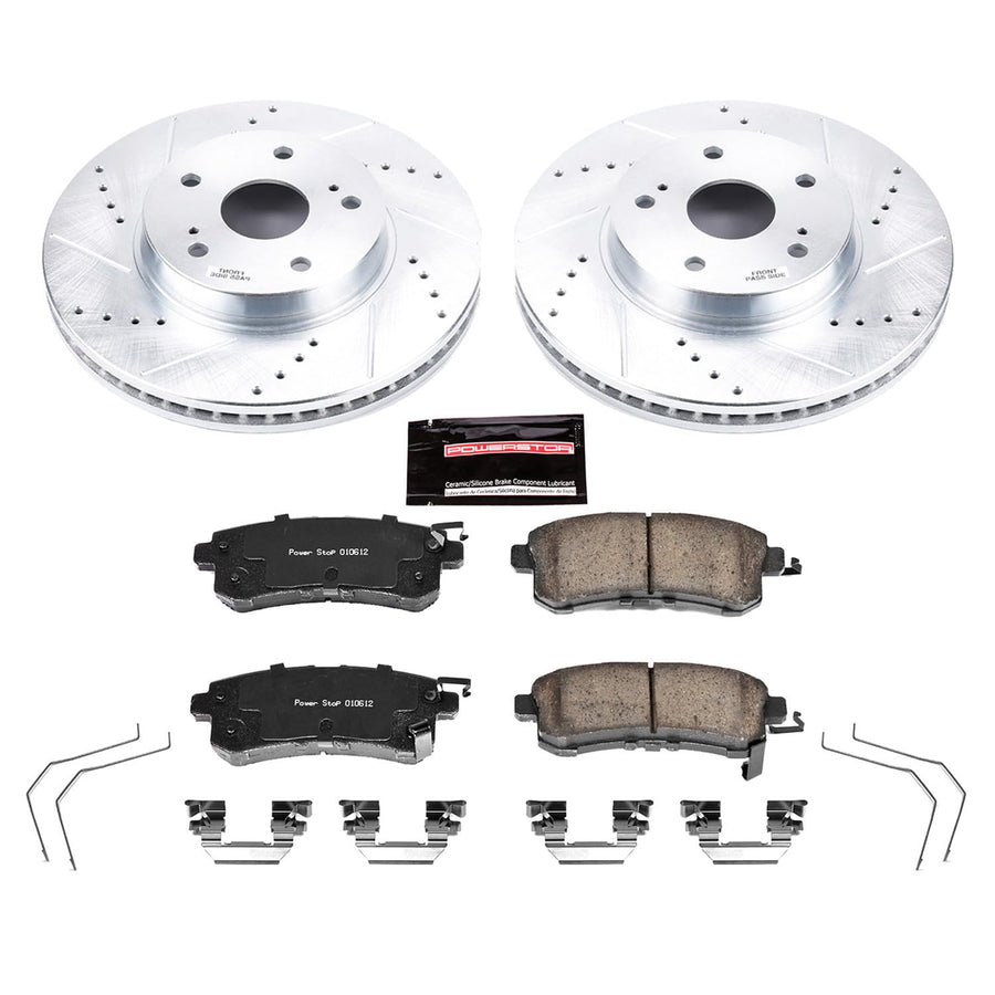 Power Stop K7356 Z23 Carbon Fiber Brake Pads with Drilled & Slotted Brake Rotors Kit For Subaru Legacy 2016-2019 [Model Specific]