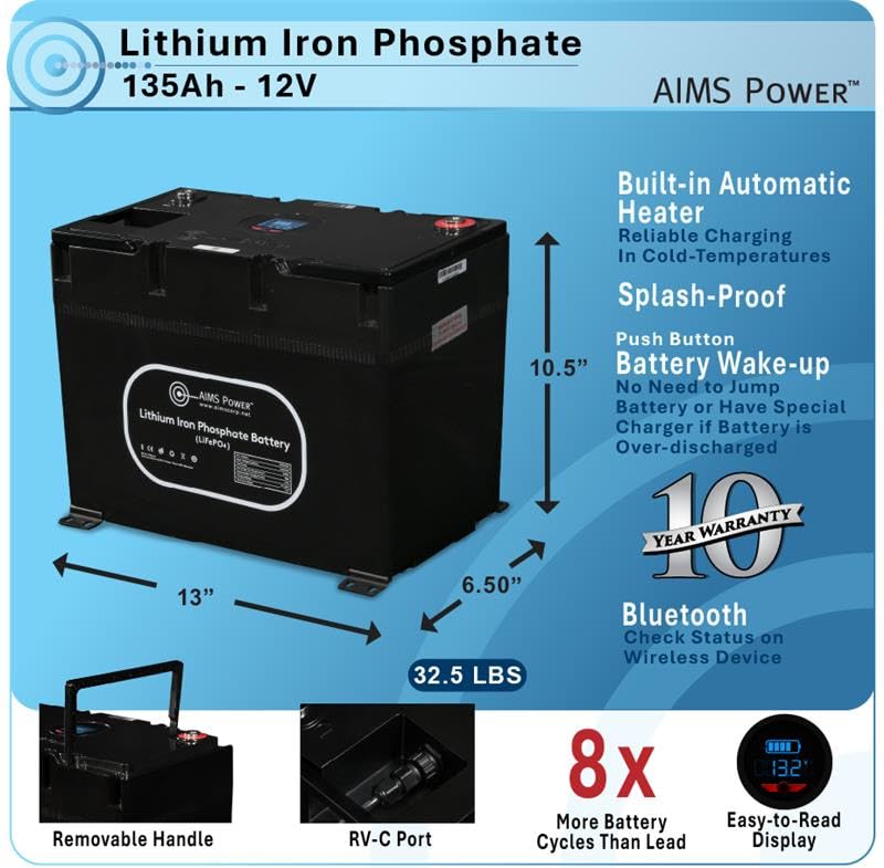 AIMS Power 135Ah Lithium Battery with Wake Up, Heater & BT Monitoring 12V LiFePO4
