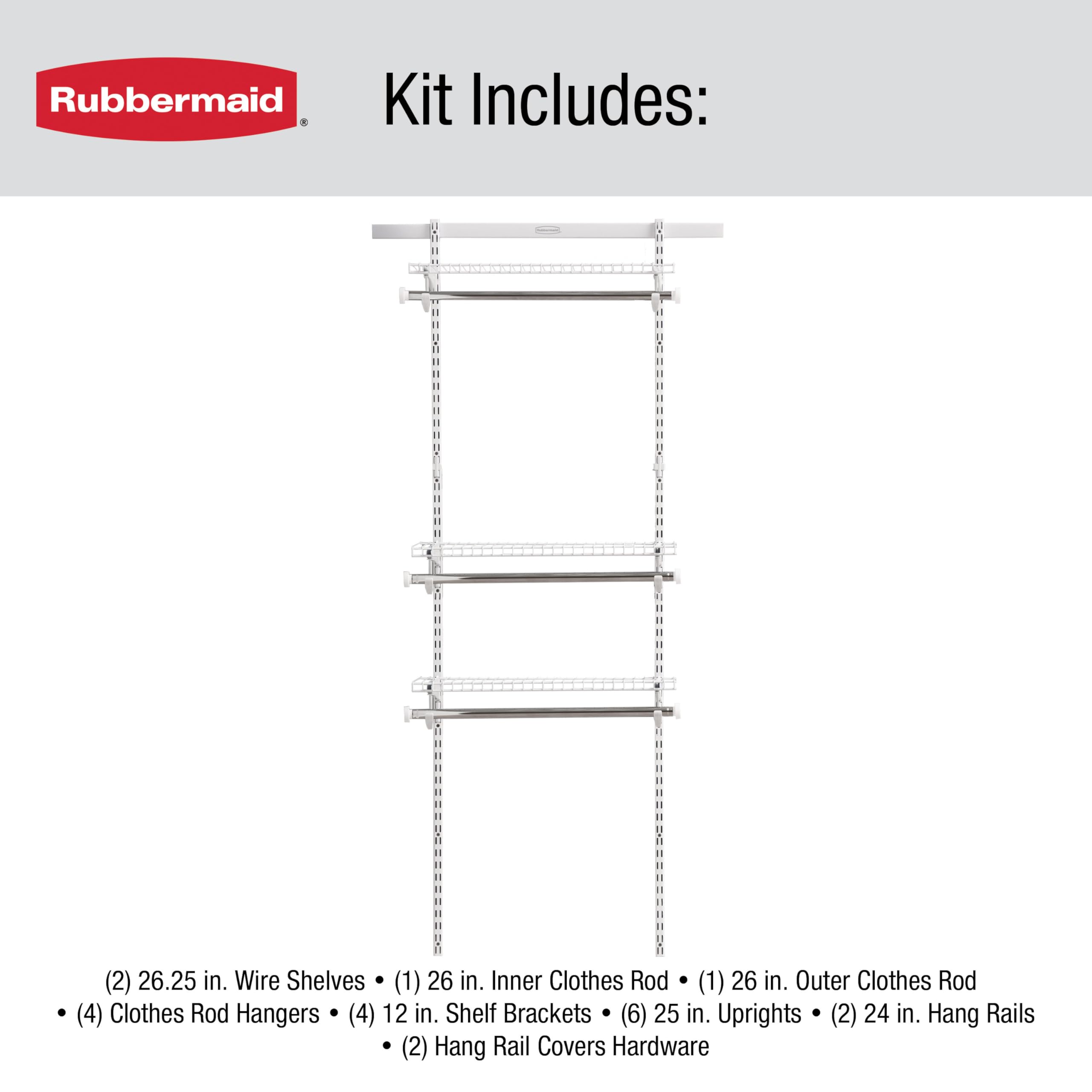 Configurations Rubbermaid Custom Closet Kit 2-4 Ft. Adjustable Metal Wire Shelving White Finish Expandable Organization System Hardware Included for Home Closet/Pantry/Laundry/Mudroom