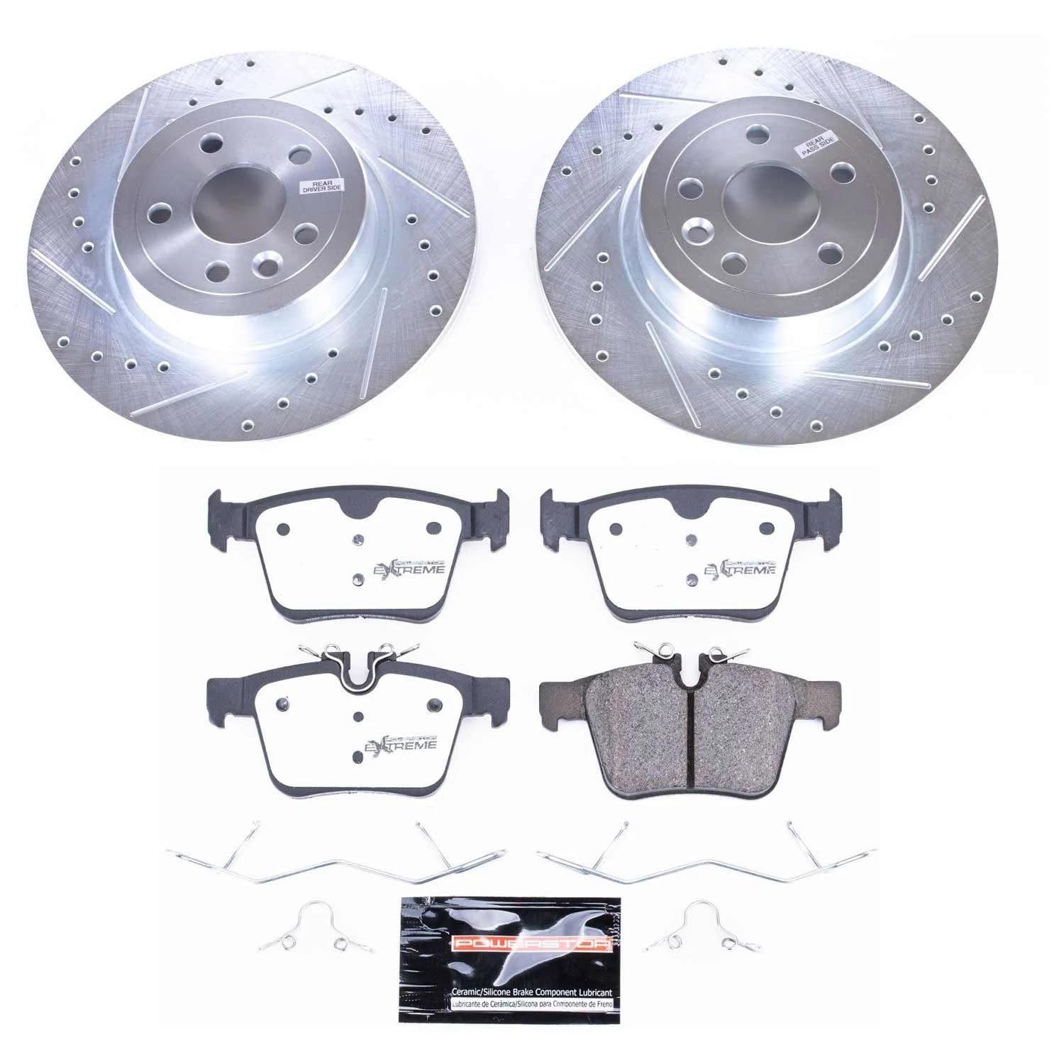 Rear Brake Kit Power Stop For 2016 2017 2018 2019 Land Rover Range Rover Evoque - Truck & Tow Carbon Fiber Ceramic Brake Pads & Drilled and Slotted Rotors Replacement, K7994-36