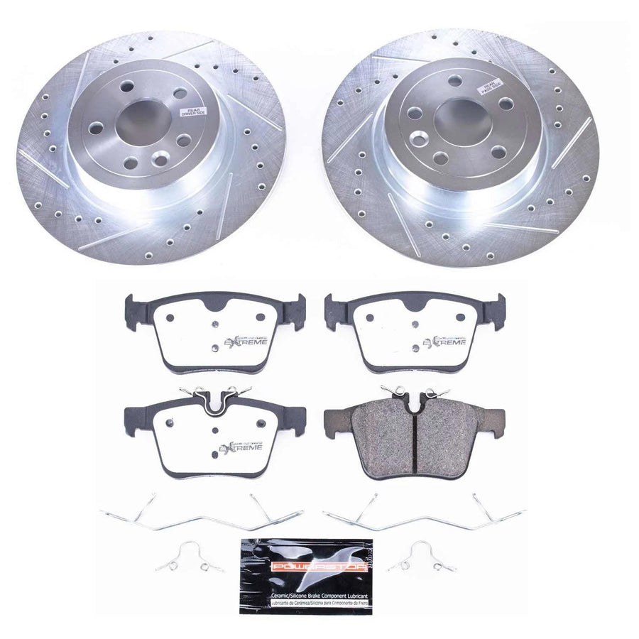 Rear Brake Kit Power Stop For 2016 2017 2018 2019 Land Rover Range Rover Evoque - Truck & Tow Carbon Fiber Ceramic Brake Pads & Drilled and Slotted Rotors Replacement, K7994-36