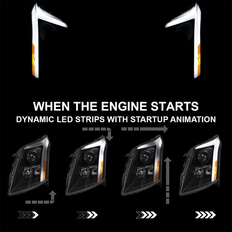Switchback SPEC-D TUNING Black Sequential Projector Headlights w/LED DRL Light Bar and Startup Animation Compatible with 2010-2016 Cadillac SRX, Left + Right Head Lamps Assembly