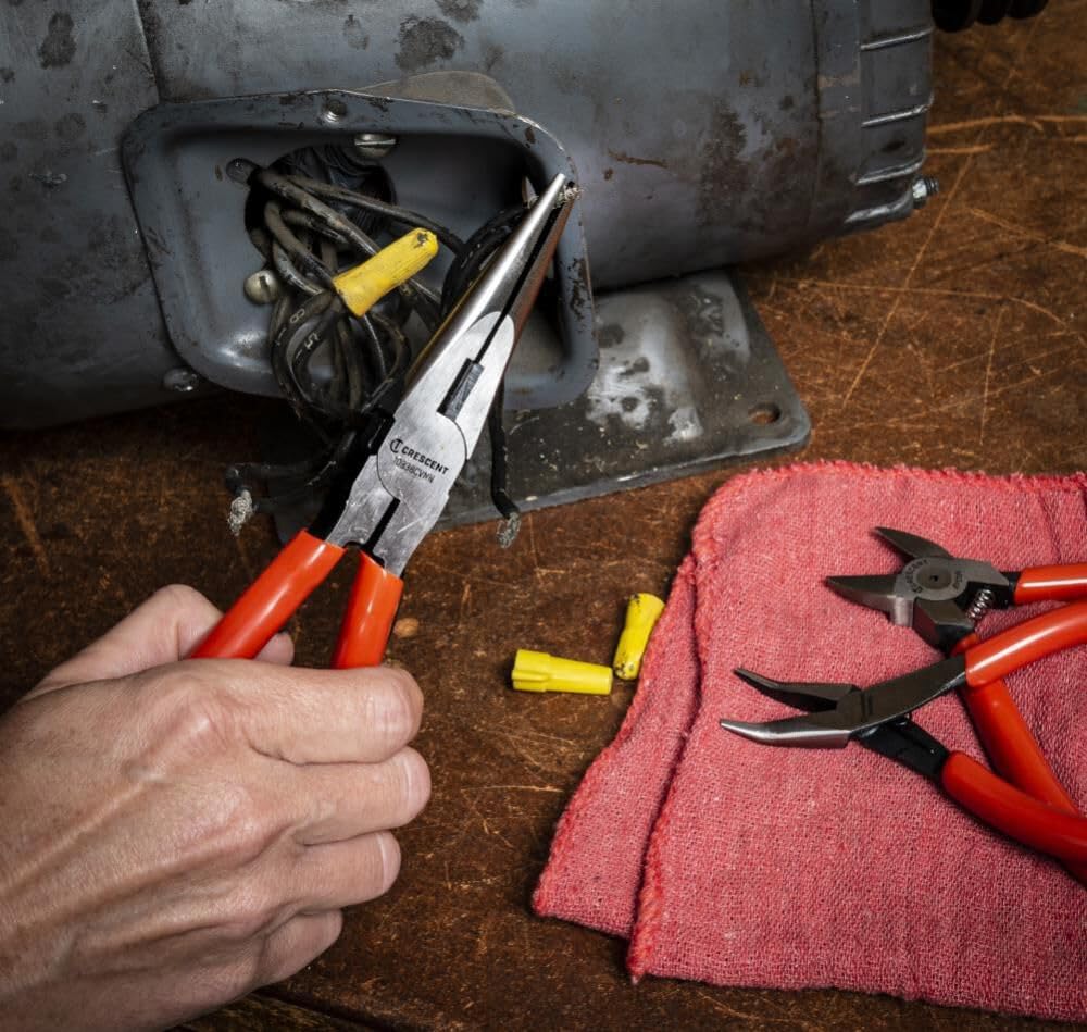 8" Long Crescent Chain Nose Pliers Dipped Grip - Electrician Tools for Wire Bending, Cutting, Repair - Easy Reach in Confined Areas - 10338CVNN