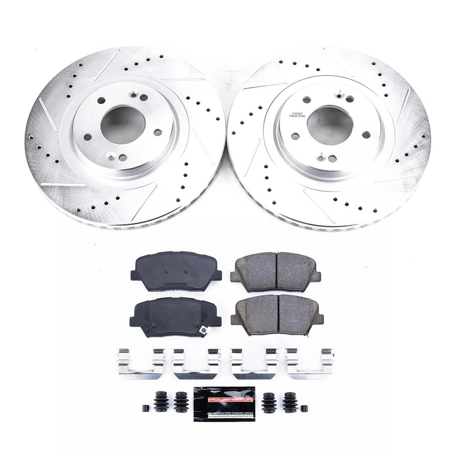 Power Stop K7064 Z23 Carbon Fiber Brake Pads Front with Drilled & Slotted Brake Rotors Kit For 2013 2014 2015 2016 2017 2018 Santa Fe Sport | 2015 2016 2017 2018 2019 2020 Sorento