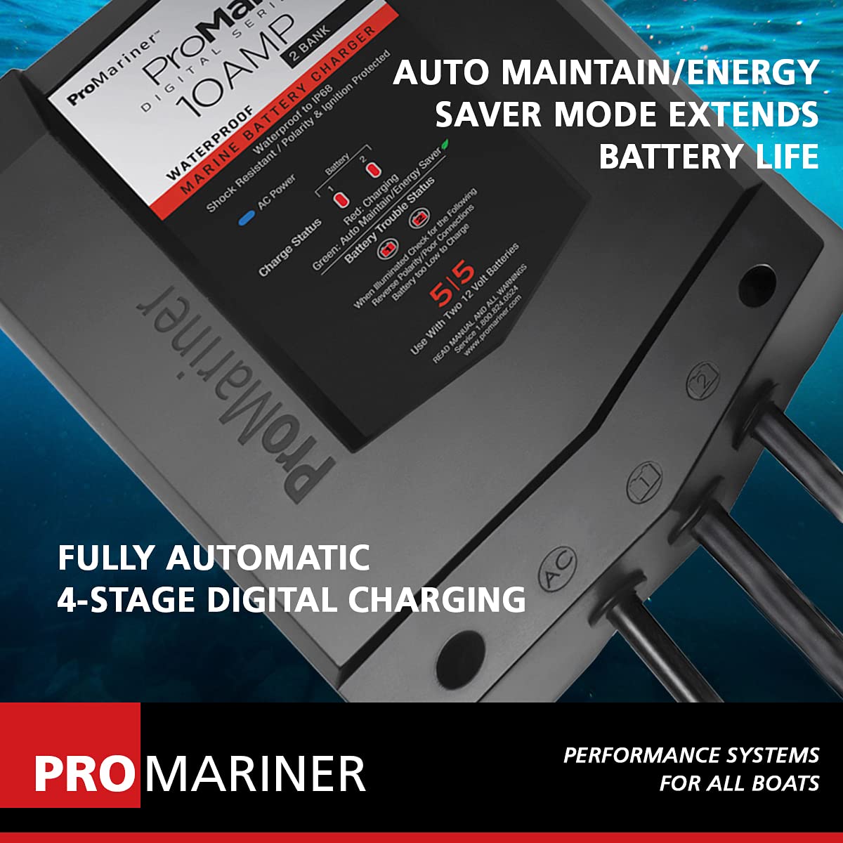 ProMariner Batt Chgr, 12V 10A, ProMar1 DS, 2 Bank