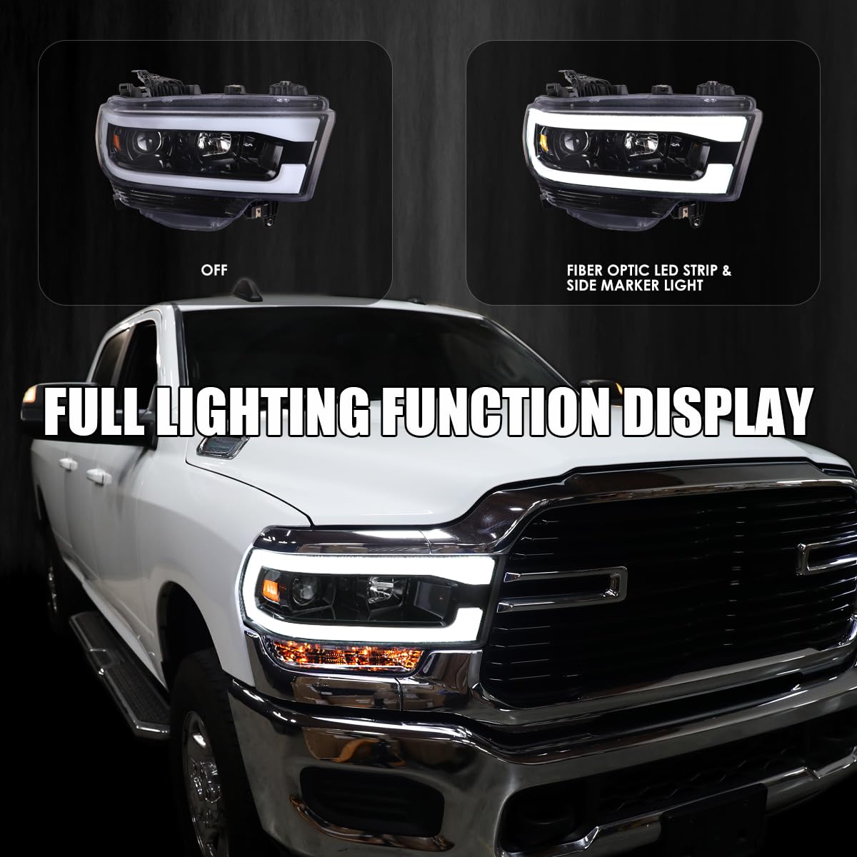 Jet Black SPEC-D TUNING Projector Headlights w/LED Bar Compatible with 2019-2024 Dodge Ram 2500, 3500, 4500, Left + Right Pair Headlamps Assembly