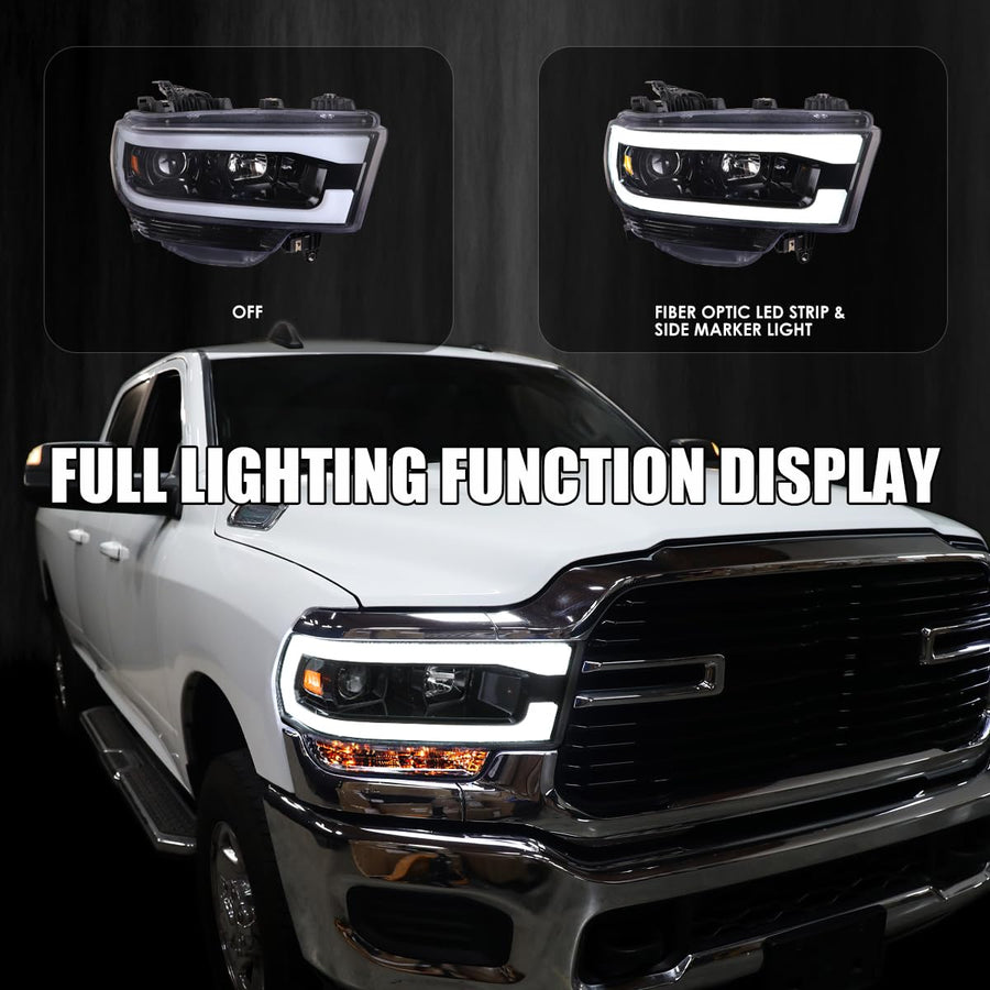 Jet Black SPEC-D TUNING Projector Headlights w/LED Bar Compatible with 2019-2024 Dodge Ram 2500, 3500, 4500, Left + Right Pair Headlamps Assembly