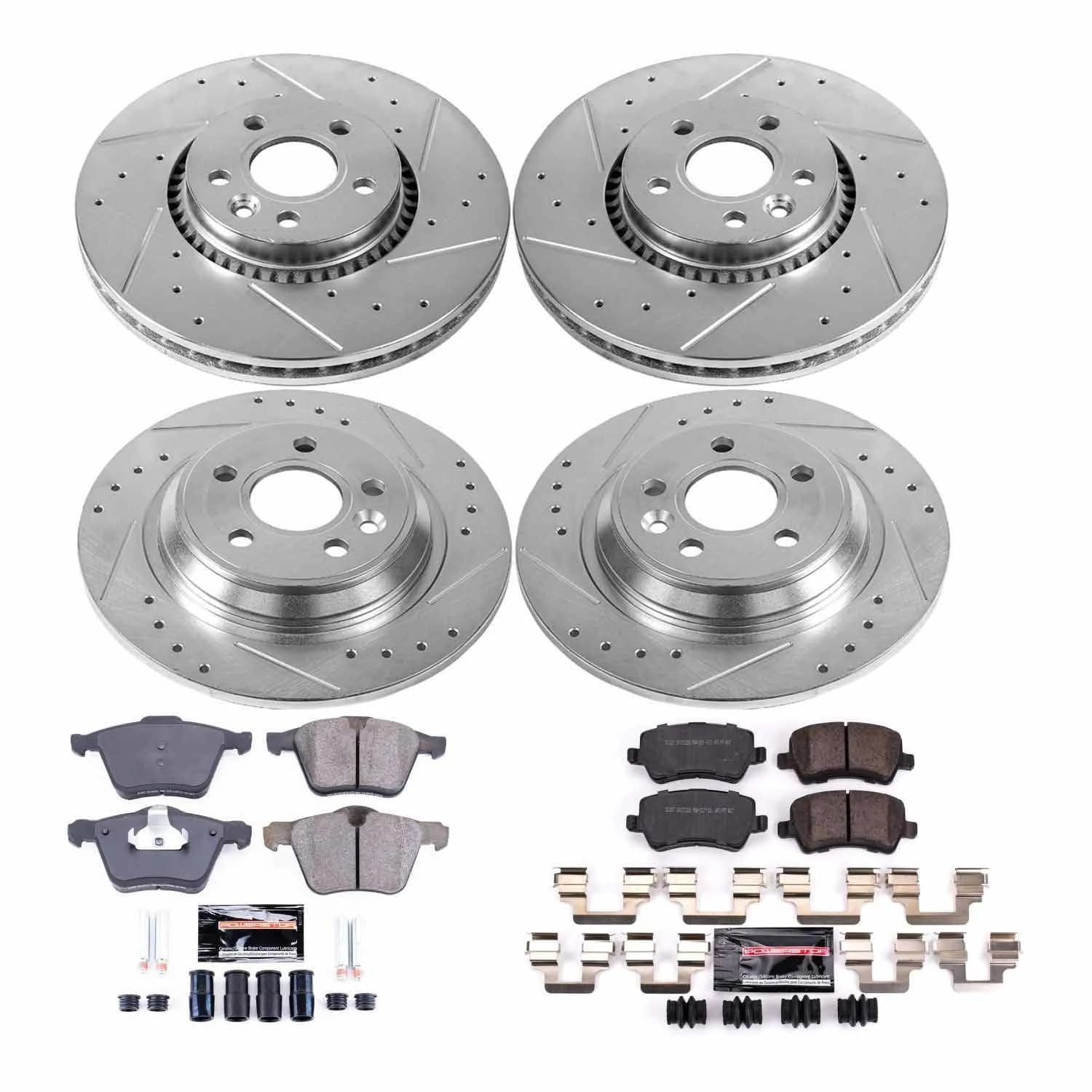 Power Stop K4121 Z23 Carbon Fiber Brake Pads Front and Rear with Drilled & Slotted Brake Rotors Kit For S60, S60 Cross Country, S80, V60, V60 Cross Country, XC70 [Model Specific]
