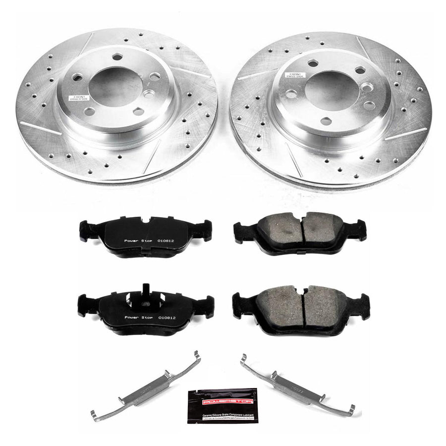 Power Stop K868 Z23 Front Carbon Fiber Brake Pads with Drilled & Slotted Brake Rotors Kit and 1 Front Sensor Wire For BMW 325xi 2001-2005 [Model Specific]