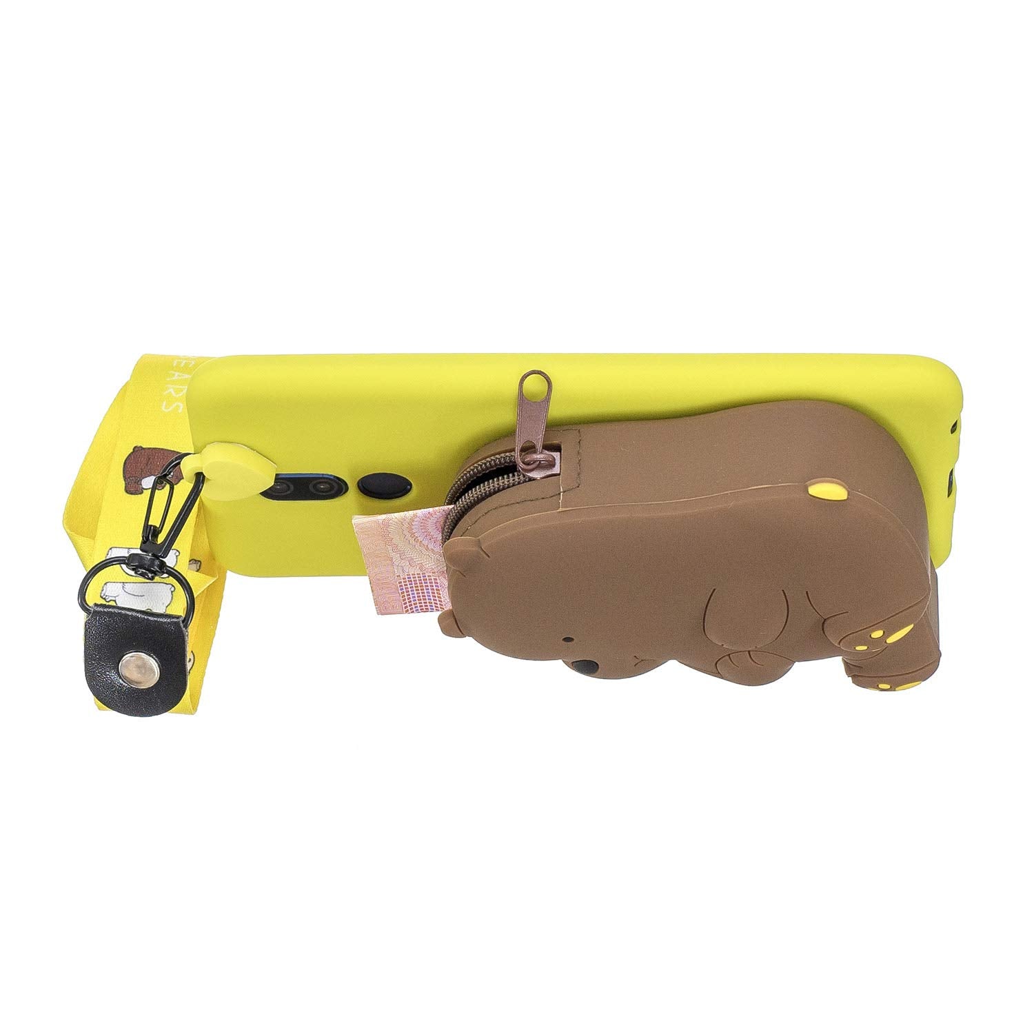 Artfeel Wallet Case with Zipper Pocket Compatible with Huawei Mate 10 Lite,Cute 3D Cartoon Animal Soft Silicone TPU Back Cover and Neck Lanyard Strap Protective Cover,Yellow Brown Bear