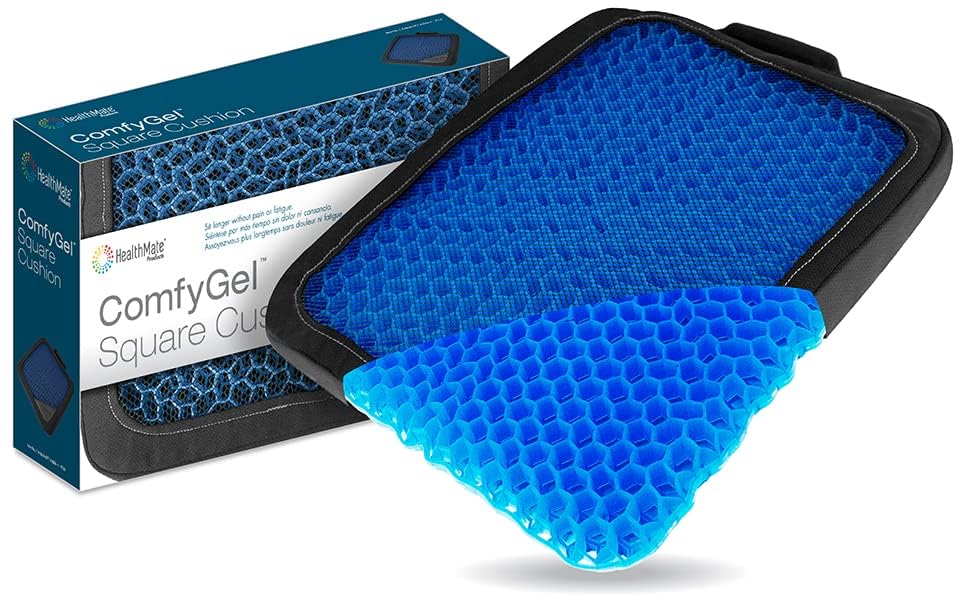 Comfy Gel Cushion HEALTHMATE Gel Seat Cushion for Long Sitting for Back, Sciatica and Tailbone Pain Relief, for Office Chair, Car, Wheelchair, Long Trips (Square)