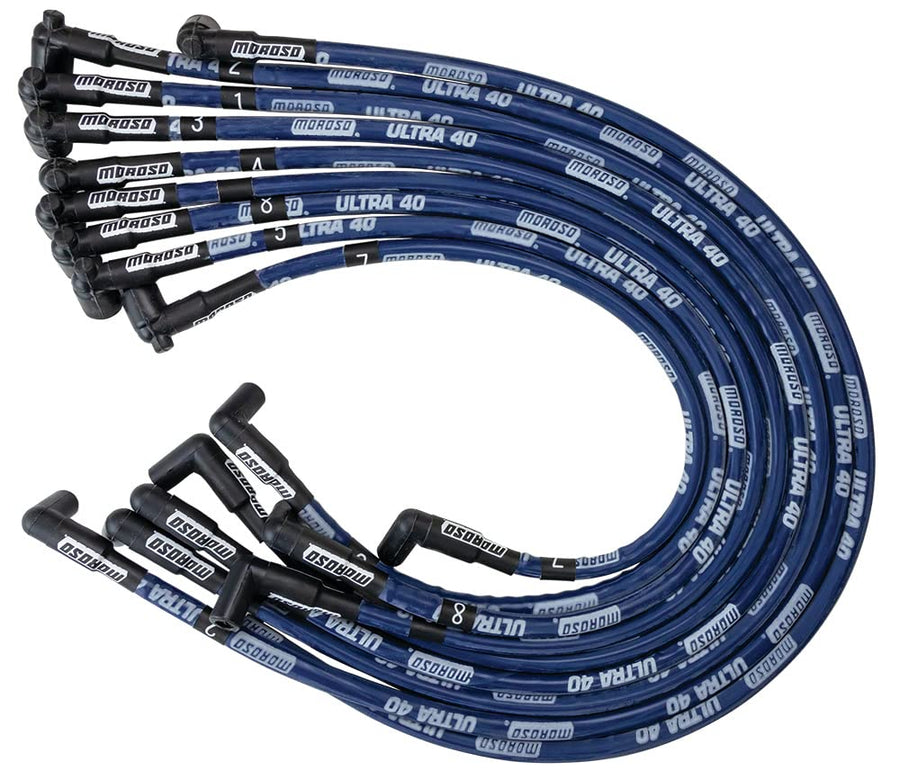 Moroso Ultra 40 73617 Wire Set in Blue, Fits Big Block Chevy, 90 Degree Plug Ends, Non HEI Distributor, Under Header Routing