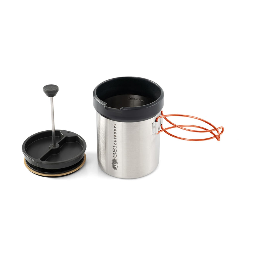 GSI Outdoors Personal Glacier Javapress Stainless Steel Press Mug with Folding Handles and Pour-Through Lid – Brews 22 fl. oz.