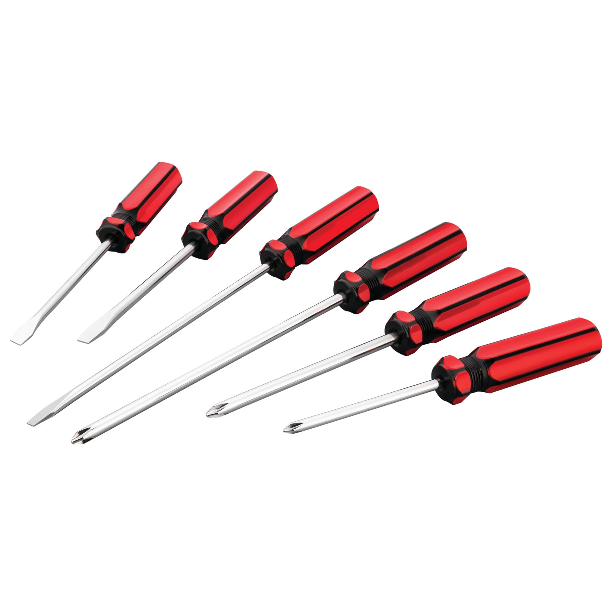 W1785 Performance Tool 6 Pc. Screwdriver Set - Phillips, Slotted, Alloy Steel Shafts, Chrome-Plated, Fluted Handles, Added Length for Hard-to-Reach Fasteners, Red/Black