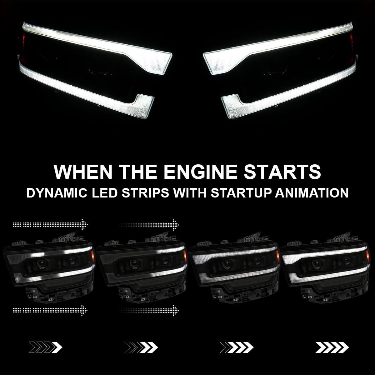 Dual Projector Headlights SPEC-D TUNING Black Smoke w/Sequential LED Turn Signal and Startup Animation Compatible with 2019-2024 Dodge Ram 2500, 3500, 4500, Left + Right Pair Headlamps Assembly
