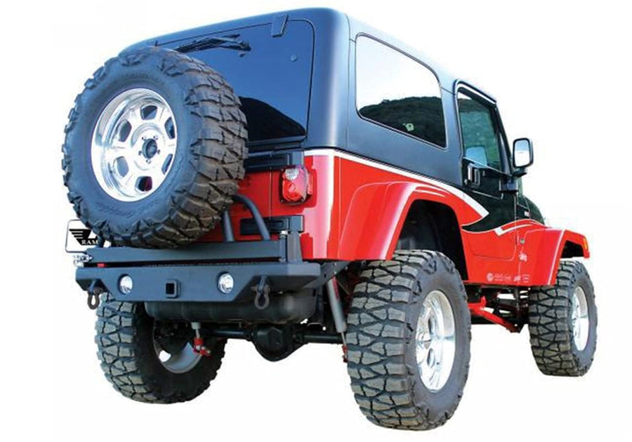 Rear Recovery Rampage Bumper with Swing Away Tire Mount | Steel, Semi-Gloss Black | 76610 | Fits 1987 - 2006 Jeep Wrangler YJ & TJ