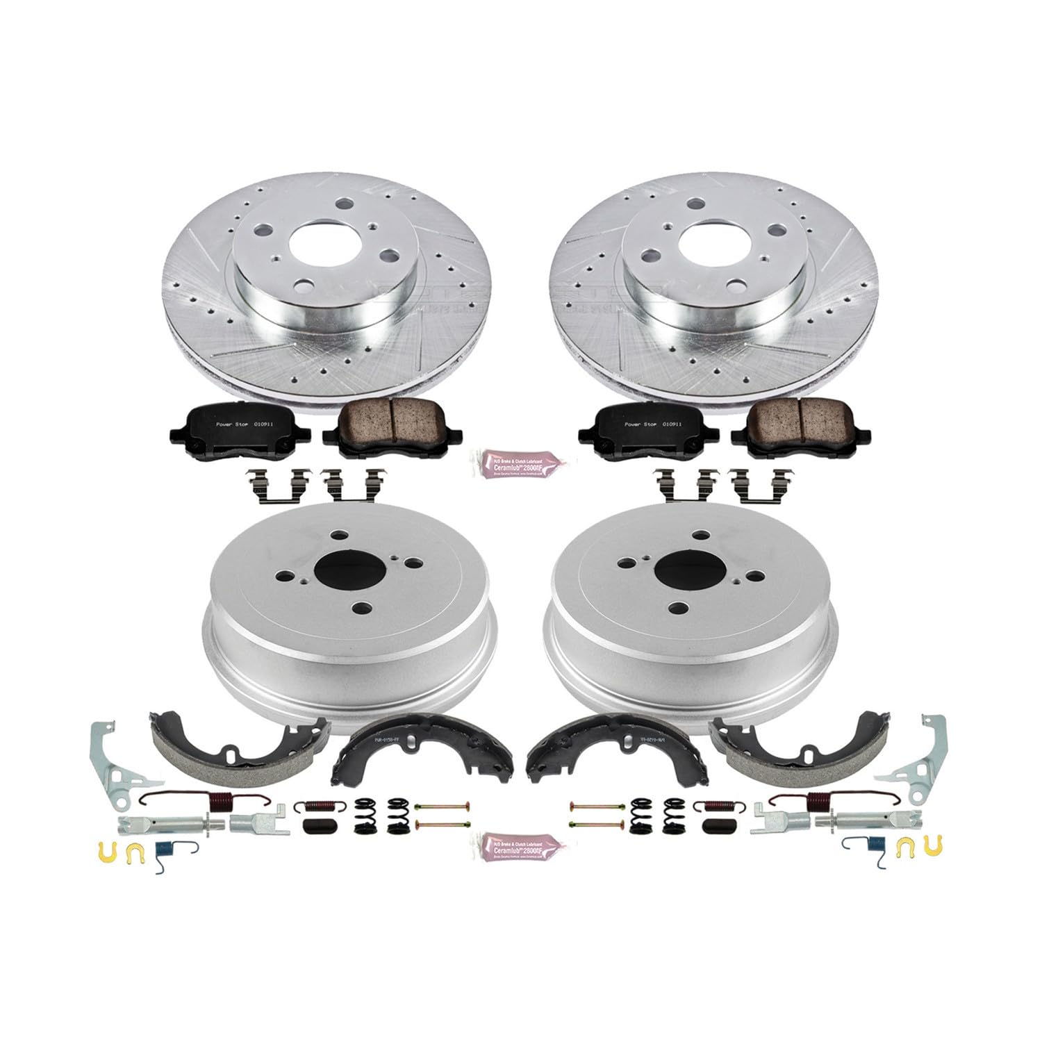 Power Stop K15078DK Z23 Carbon Fiber Brake Pads Front and Rear with Drilled & Slotted Brake Drums Kit For Chevrolet Prizm 1998-2002, Toyota Corolla 1998-1999 [Model Specific]