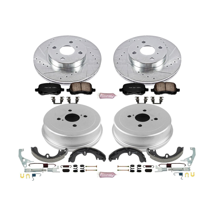 Power Stop K15078DK Z23 Carbon Fiber Brake Pads Front and Rear with Drilled & Slotted Brake Drums Kit For Chevrolet Prizm 1998-2002, Toyota Corolla 1998-1999 [Model Specific]
