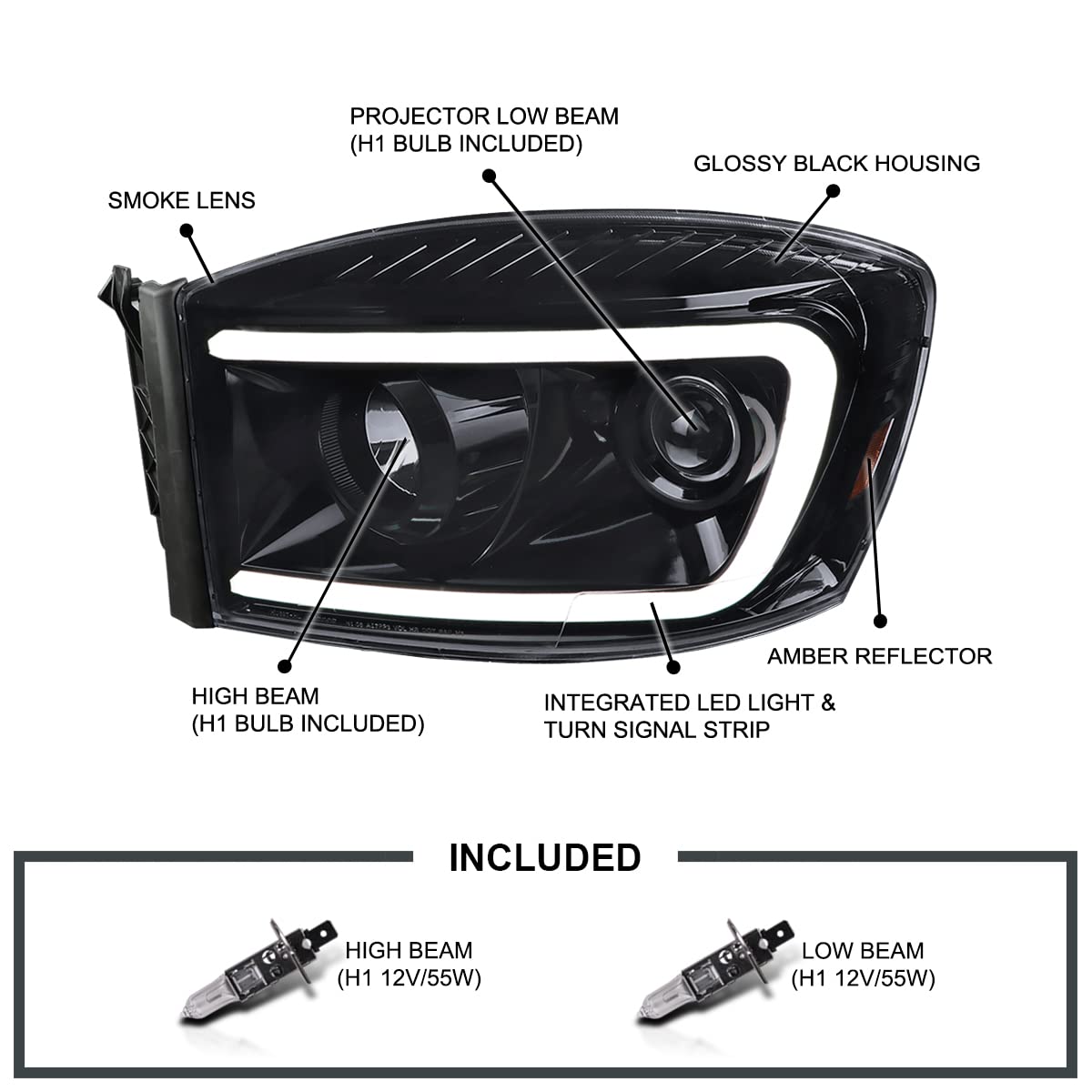 Glossy Black Smoke SPEC-D TUNING Projector Headlights w/Switchback LED Light Bar Compatible with 2006-2008 Dodge Ram 1500, 2500, 3500, Left + Right Pair Headlamps Assembly