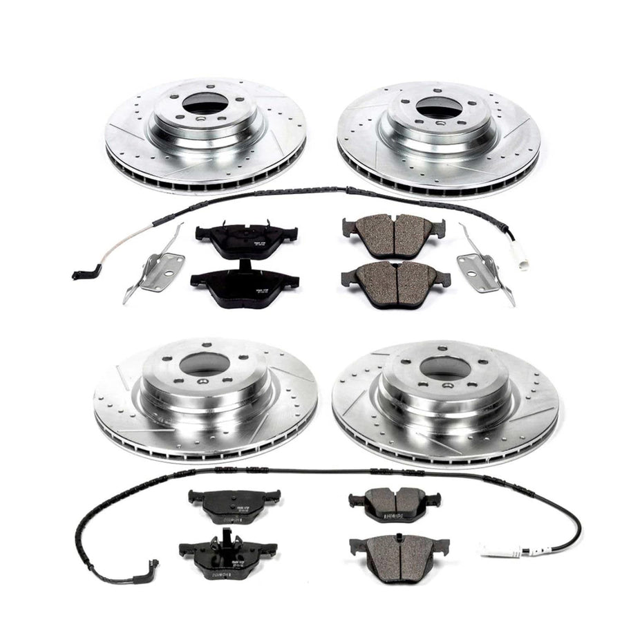 Power Stop K2883 Z23 Carbon Fiber Brake Pads Front and Rear with Drilled & Slotted Brake Rotors Kit and 1 Front & 1 Rear Sensor Wires For BMW 335i xDrive, BMW 335xi [Model Specific]