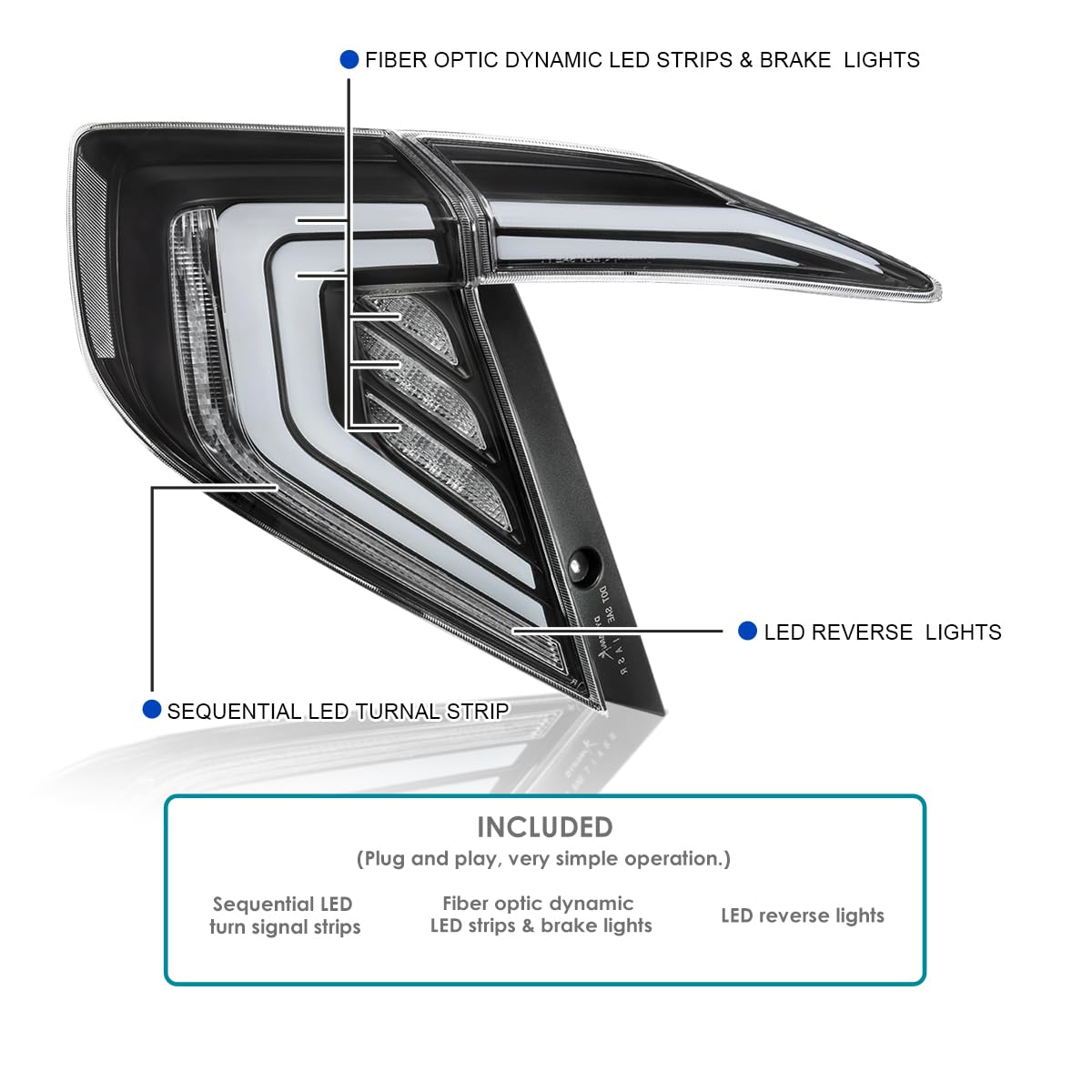 Black Tail Lights w/White LED Bars, SPEC-D TUNING Sequential LED Turn Signal, and Startup Animation Compatible with 2016-2021 Honda Civic 4-Door Sedan, Left + Right Pair Assembly