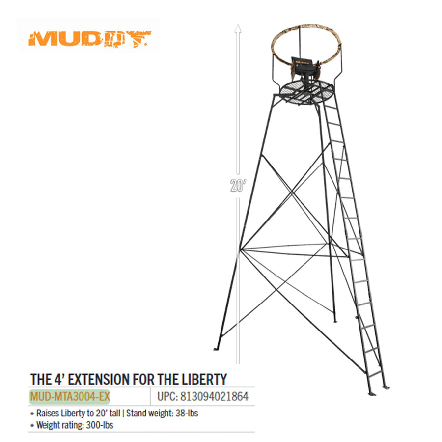 4-Foot Muddy Extension for Liberty - Durable Steel Reliable Easy-to-Install Addition for Outdoor Hunting Tripod Stand, 300 Pound Maximum Capacity